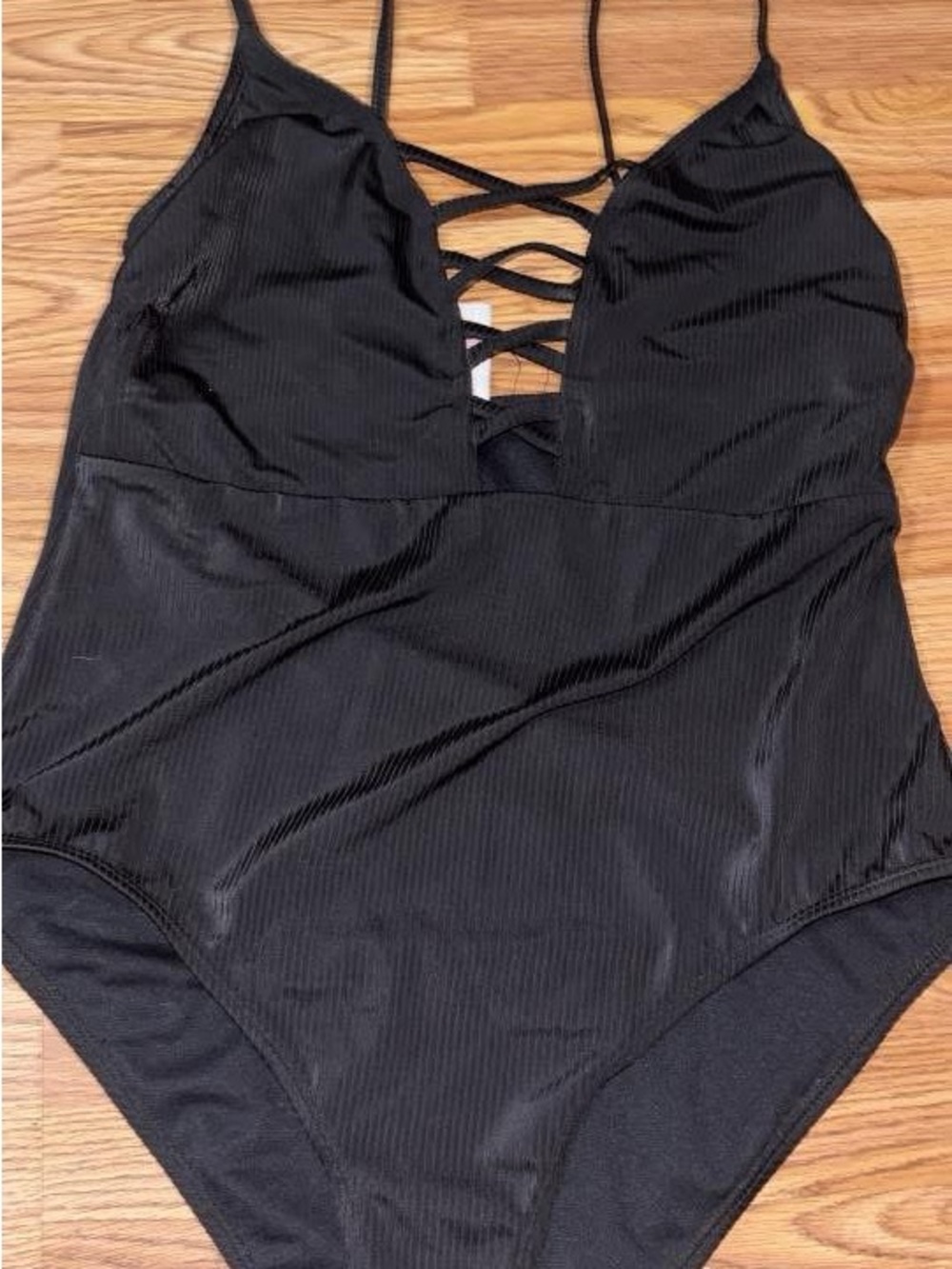Black Ribbed One-Piece Swimsuit with Crisscross Front